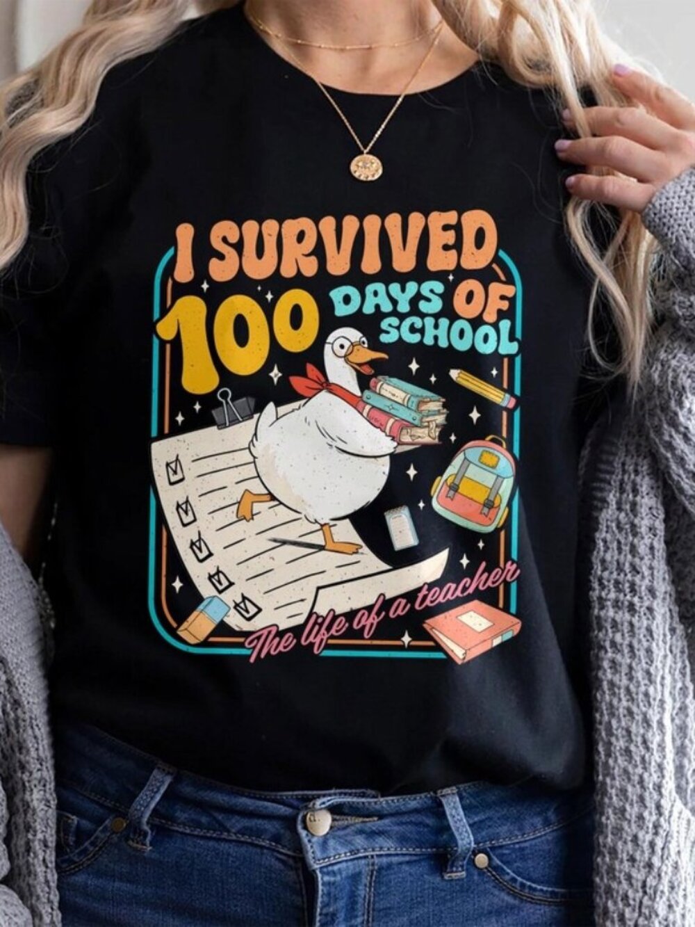 100 Days of School T-shirt, Funny Goose Teacher Tee